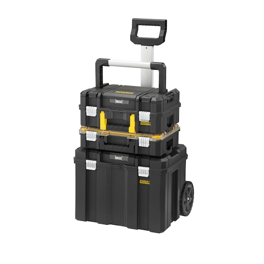 STANLEY FMST1-80103 black wheeled tool box stack with handles, front angle, white background.