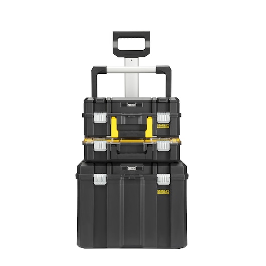 STANLEY FMST1-80103 black stackable tool box set with trolley handle, front angle photo.