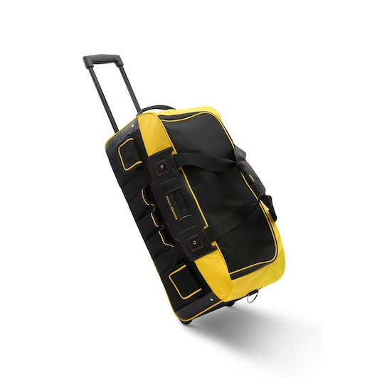 STANLEY FMST82706-1 black and yellow rolling tool bag, angled side view, white background.