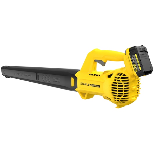 STANLEY SFMCBL714M1 cordless leaf blower, yellow and black, side angle on white background.