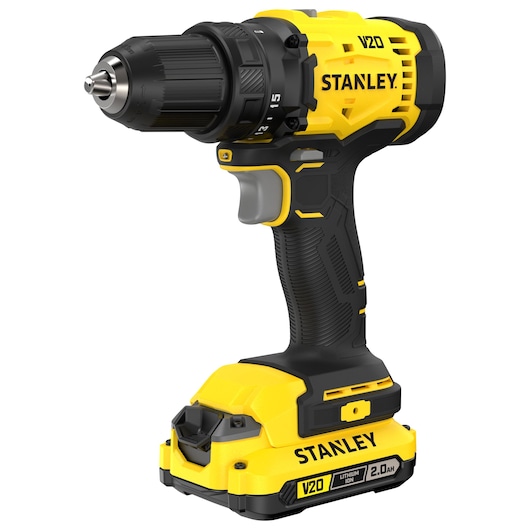Stanley V20 cordless drill with black and yellow design and lithium-ion battery.