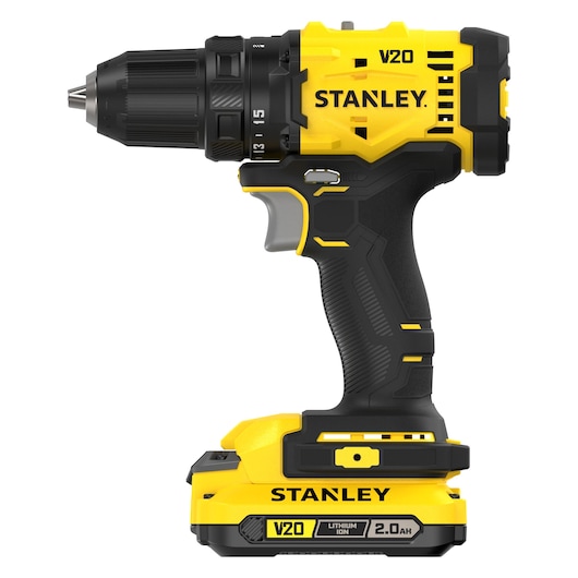 Stanley V20 cordless drill with 2.0Ah lithium-ion battery, shown in yellow and black design.