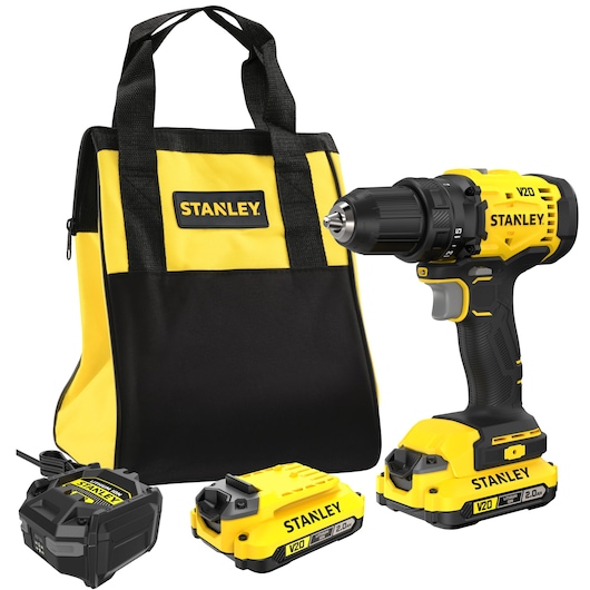 Stanley cordless drill kit with bag, charger, and two batteries. Yellow and black design.