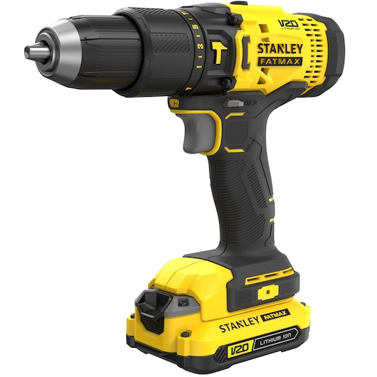 Photo of STANLEY SFMCD711C2K cordless drill, V20 lithium-ion, yellow and black, right side angle, white background.
