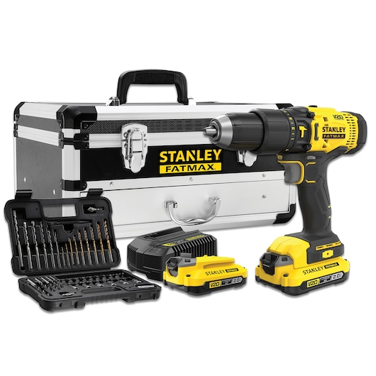 STANLEY SFMCD711D2F cordless drill kit with toolbox, drill bits set, two batteries, and charger, front angle.