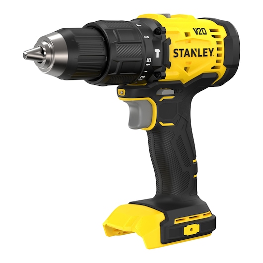 Stanley V20 cordless drill, yellow and black, without battery, angled view on white background.