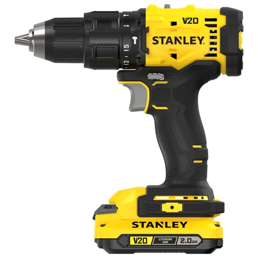 Stanley V20 cordless drill with lithium-ion battery, yellow and black, side view.