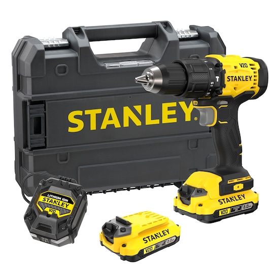 Stanley V20 cordless drill kit with drill, case, charger and two batteries, all in yellow and black.