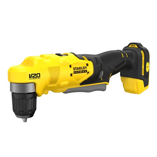 STANLEY SFMCD750B cordless angle drill, yellow and black, side view, V20 Lithium Ion, power tool.