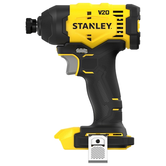 Stanley V20 cordless impact driver, yellow and black, side view without battery.