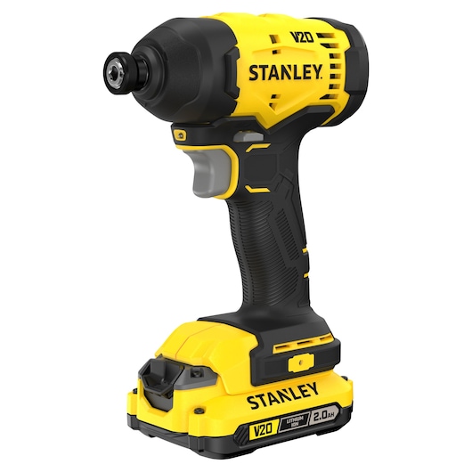 STANLEY V20 cordless impact driver with lithium-ion battery, yellow and black, ergonomic handle.