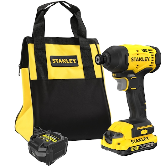 Stanley cordless impact driver kit with yellow-black bag, battery, and charger.