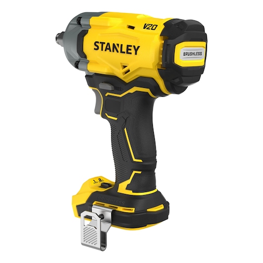 Stanley V20 cordless brushless impact driver, yellow and black, with metal belt clip.