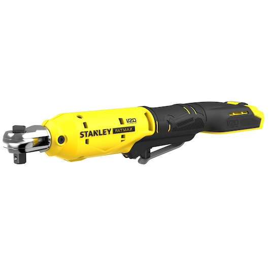 STANLEY SFMCF930B cordless ratchet tool, yellow and black, side angle, product photography.