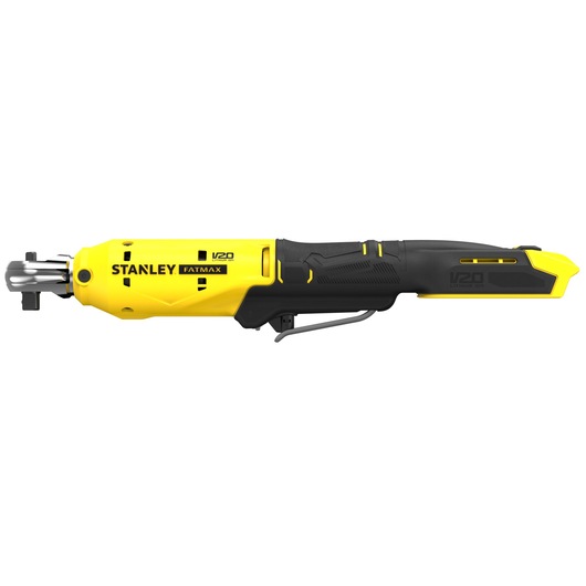 Photo of STANLEY SFMCF930B cordless ratchet tool, yellow and black, side angle on white background.