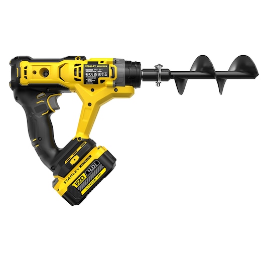 STANLEY SFMCGA75M1 cordless garden auger with black spiral bit, side view on white background.
