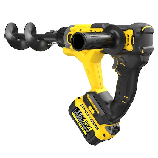 STANLEY SFMCGA75M1 cordless auger drill, yellow and black, product photography, angled on white background.