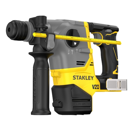 Stanley SFMCH910B cordless rotary hammer drill, yellow and black, side angle on white background.