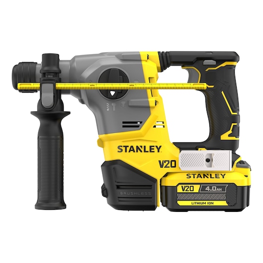 STANLEY SFMCH910M1T rotary hammer drill V20 4.0Ah with side handle, photography, left side view on white background.