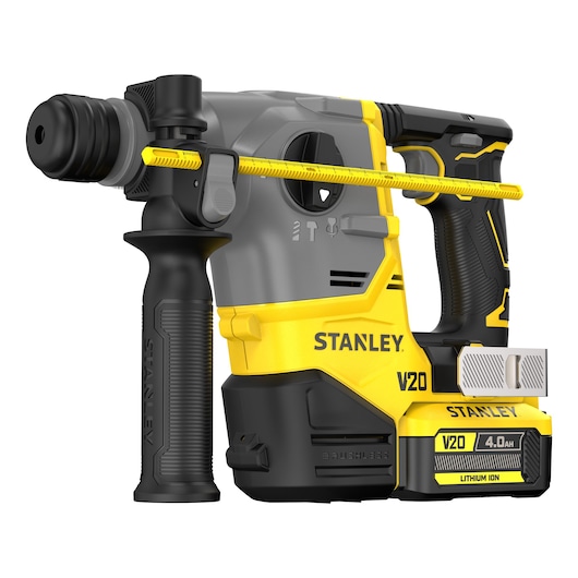 Photo of STANLEY SFMCH910M1T V20 cordless rotary hammer, yellow and black, side angle on white background.