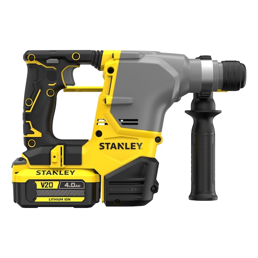 STANLEY SFMCH910M1T cordless rotary hammer drill, yellow and black, side view on white background.