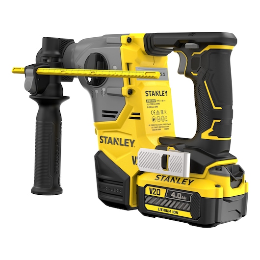 Photo of STANLEY SFMCH910M1T V20 cordless SDS-Plus rotary hammer drill, black and yellow, front angle on white background.