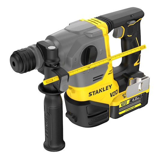 Photo of STANLEY SFMCH910M1T V20 cordless rotary hammer, side angle, yellow and black with auxiliary handle.