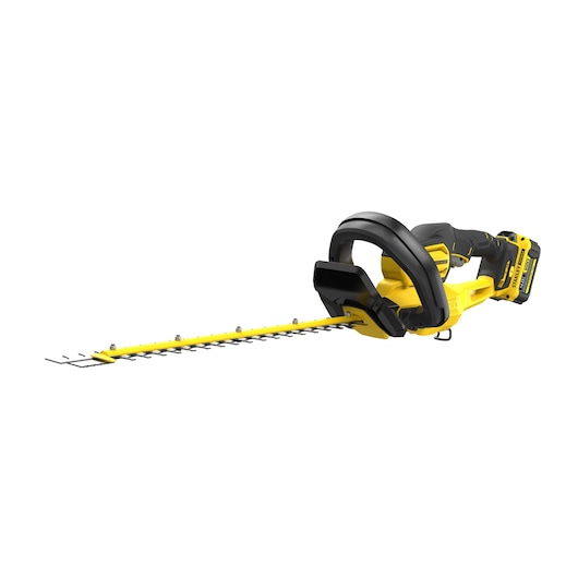 Photo of STANLEY SFMCHT855M1 cordless hedge trimmer, yellow and black, side angle on white background.
