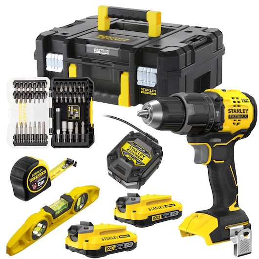 STANLEY SFMCK100D2T drill kit with V20 cordless drill, batteries, bits, toolbox, tape measure, and level, front angle.