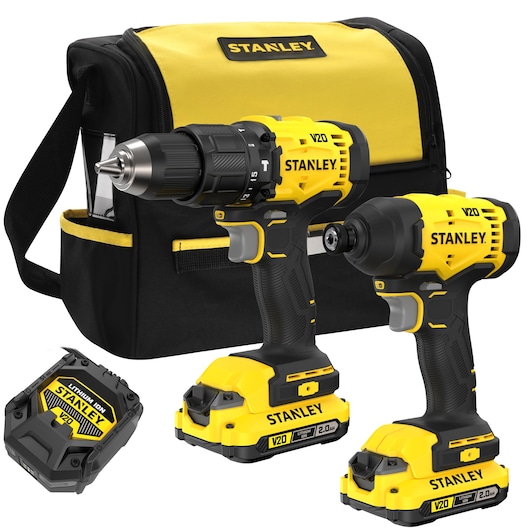 Stanley V20 tool kit includes two drills, battery, and a yellow-black carrying bag.