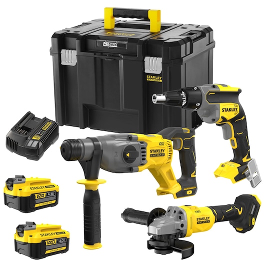STANLEY SFMCK367M2T tool kit with drill, grinder, batteries, charger, and black/yellow toolbox, front view.