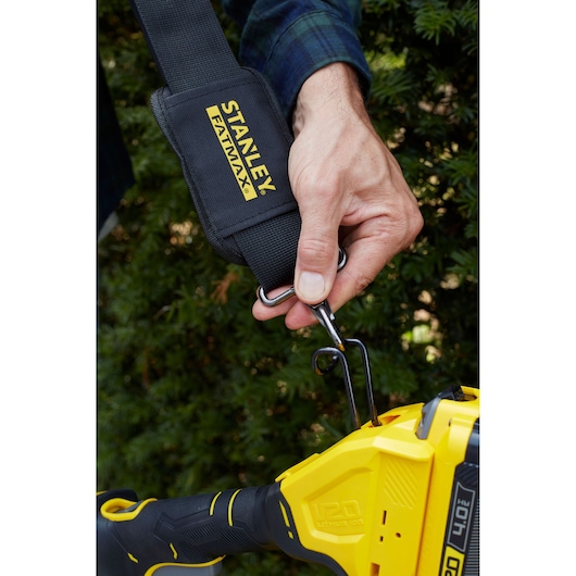 Photo of STANLEY SFMCPH845B tool with FATMAX branded strap and metal hook attachment.