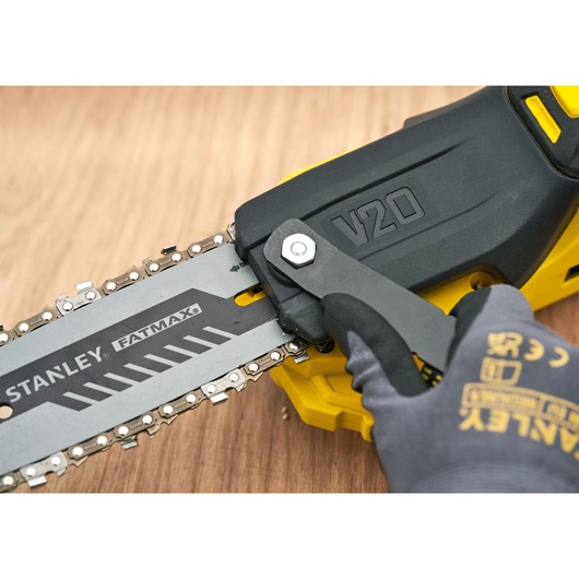 STANLEY SKU SFMCPS720M1 chainsaw close-up showing blade and V20 marking.