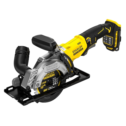 STANLEY SFMCS515B cordless circular saw, yellow and black, side angle on white background.