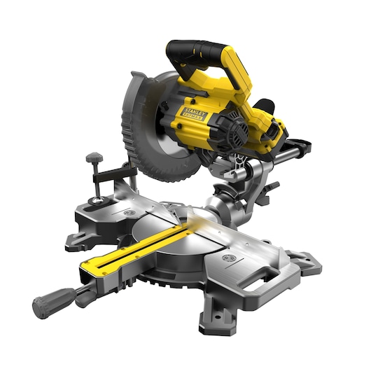 STANLEY SFMCS701M1 miter saw, yellow and black, side angle, cordless, with silver base and guide rail.
