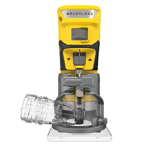 STANLEY SFMCW400B compact cordless router, front view, yellow and black with dust extraction port.