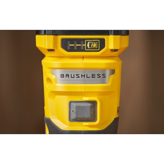 STANLEY SFMCW400B tool close-up showing yellow brushless motor detail, photographed from front.