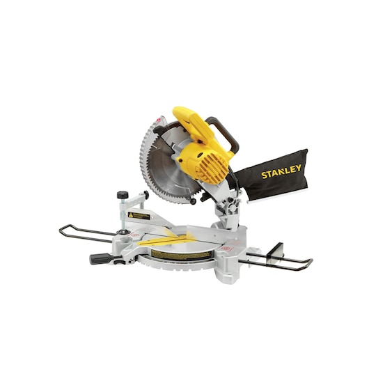 STANLEY SM1650 miter saw with yellow motor housing, side angle, dust bag, silver base.