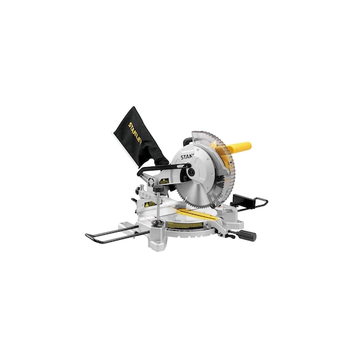STANLEY SM1650 compound miter saw, silver and yellow, front angle on white background, tool photography.