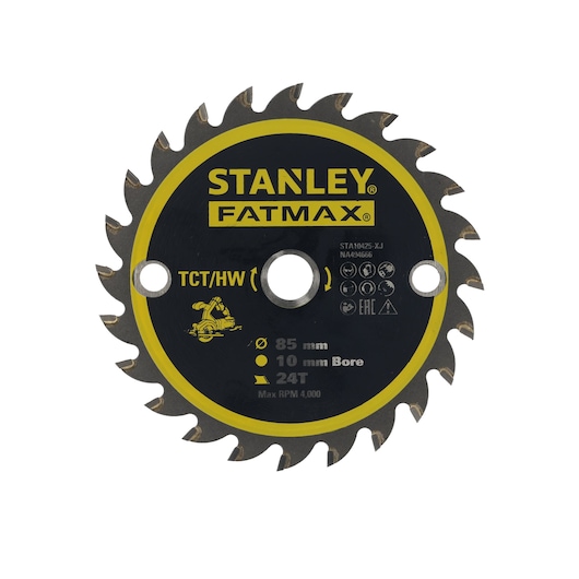STANLEY STA10425 circular saw blade, 85mm diameter, 24 teeth, yellow and black, front angle on white background.
