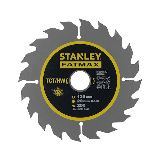 Photo of STANLEY STA17005 circular saw blade with 20 teeth, 130mm diameter, silver and black, front view.