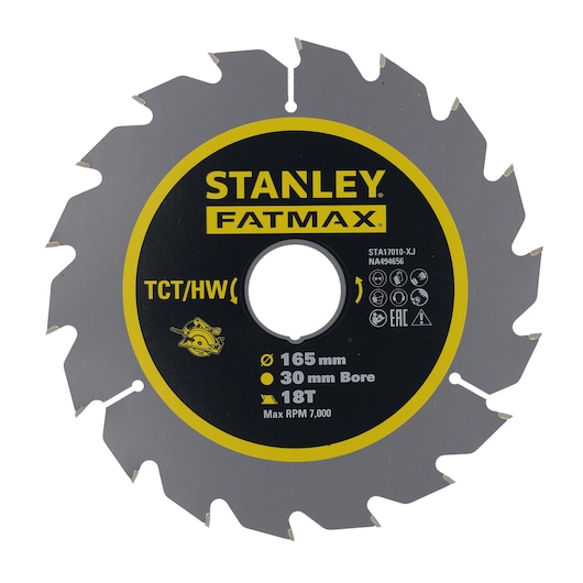 Photo of STANLEY FATMAX circular saw blade, SKU STA17010, 165mm diameter, 30mm bore, 18 teeth, front angle.