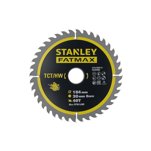 STANLEY STA17020 circular saw blade, 184mm diameter, 30mm bore, 40 teeth, front view on white background.