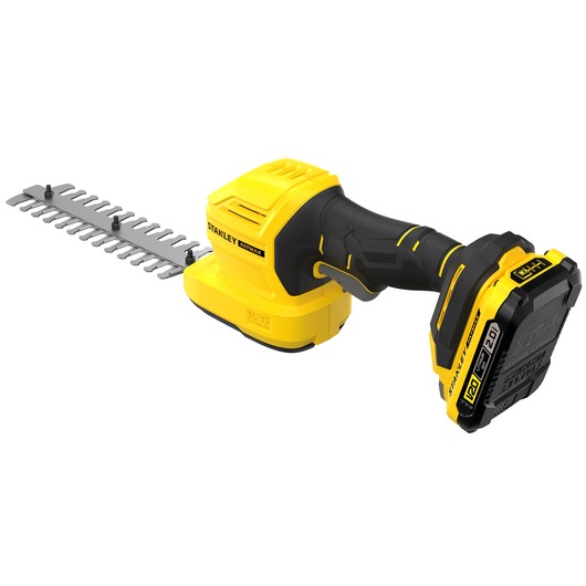 STANLEY STCSS20D1 cordless hedge trimmer, yellow and black, side angle on white background.