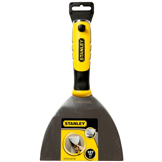 STANLEY STHT0-05799 stainless steel putty knife, yellow and black handle, front view, photography.