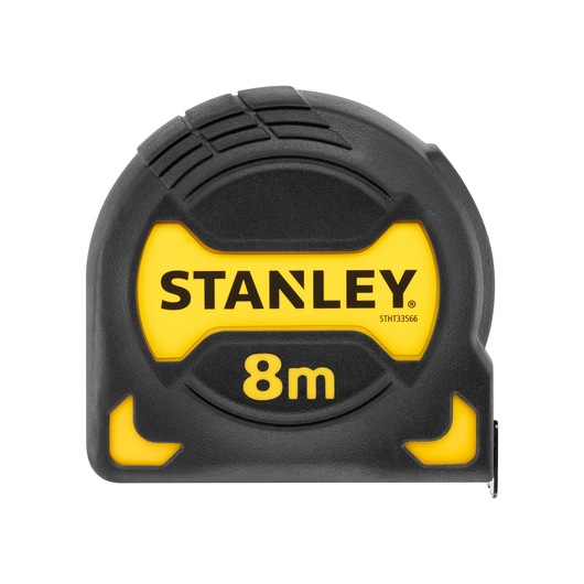 STANLEY STHT0-33566 tape measure, 8m, yellow and black, front angle, photography.