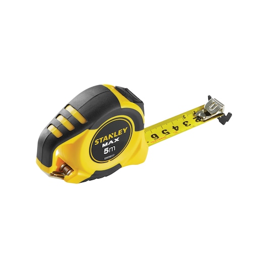Stanley MAX 5m yellow and black tape measure with extended metal blade.