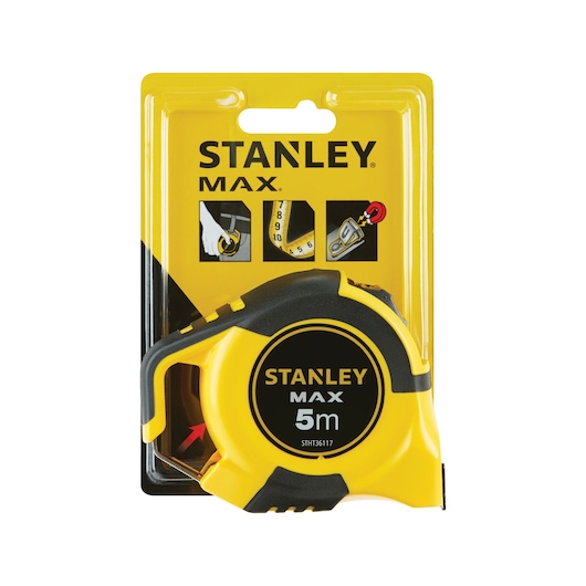 STANLEY STHT0-36117 tape measure, 5m, yellow and black, front angle, in blister packaging.