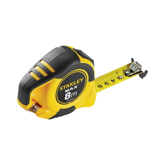 STANLEY STHT0-36118 8m MAX tape measure, yellow and black, front angle on white background.