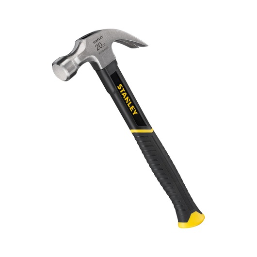 STANLEY STHT0-51310 claw hammer with black and yellow handle, side angle, white background.
